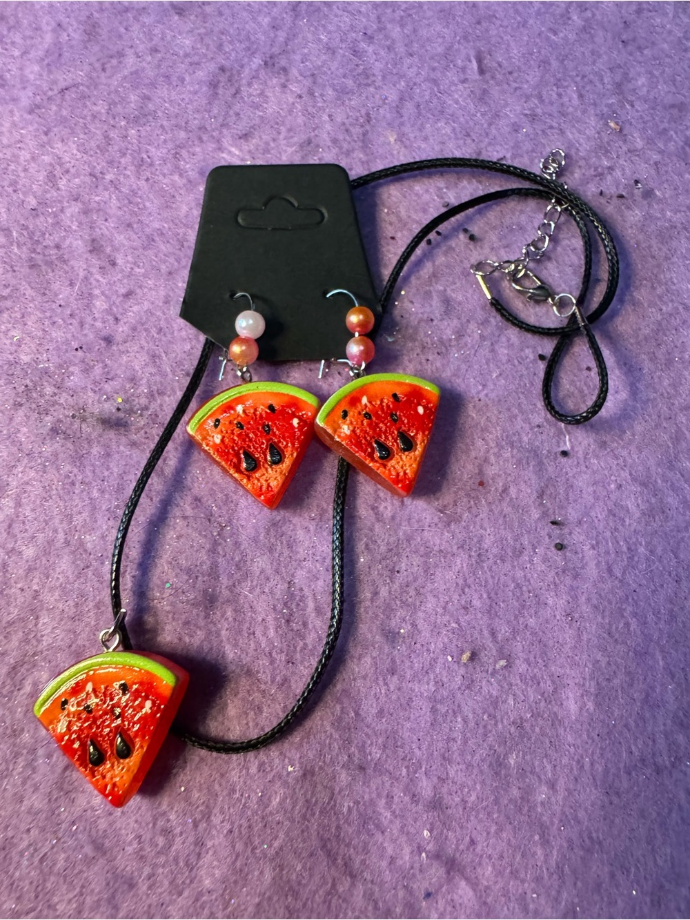 Watermelon Slice Pendant Necklace and Earrings Set - Pink/Red